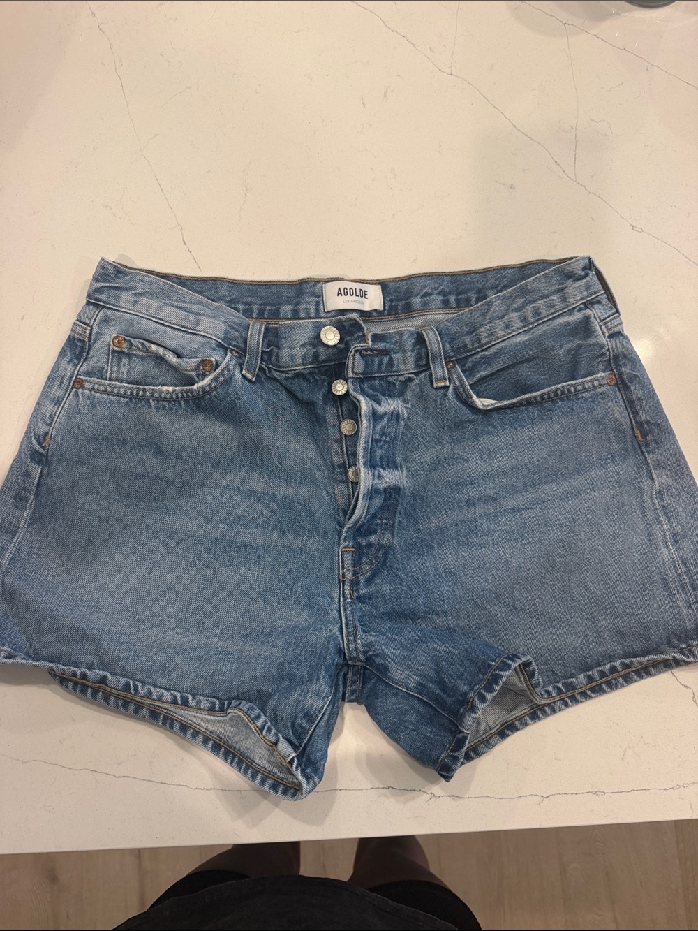 Agolde Medium Blue High-Rise Button-Fly Jean Shorts